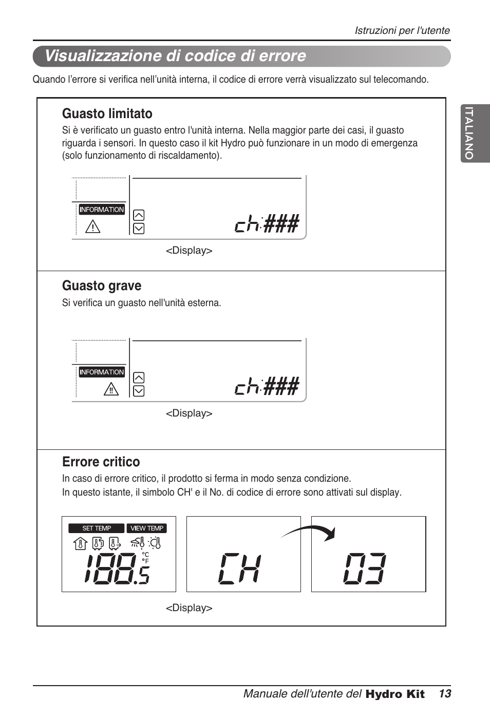Visualizzazione di codice di errore, Guasto limitato, Guasto grave | LG  ARNH08GK3A2 User Manual | Page 39 / 495