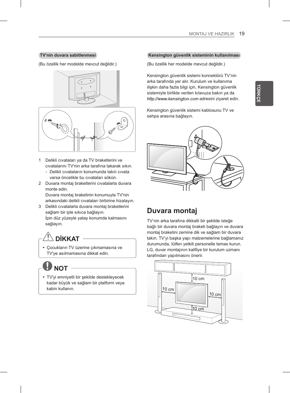 Duvara montaj, Dikkat | LG 47LS5600 User Manual | Page 49 / 73