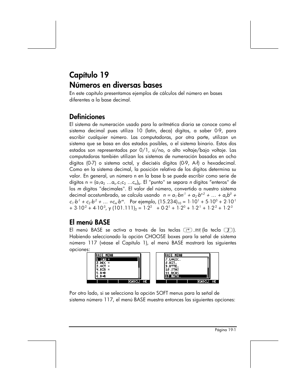 Capitulo 19 numeros en diversas bases, Definiciones, El menu base | HP  48gII Graphing Calculator User Manual | Page 655 / 892 | Original mode
