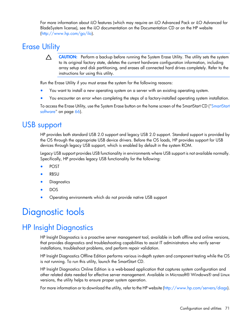 Erase utility, Usb support, Diagnostic tools | HP ProLiant ML110 G7 Server  User Manual | Page 71 / 113 | Original mode
