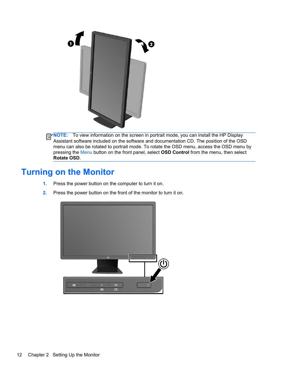 Turning on the monitor | HP Z Display Z23i 23-inch IPS LED Backlit Monitor  User Manual | Page 18 / 28