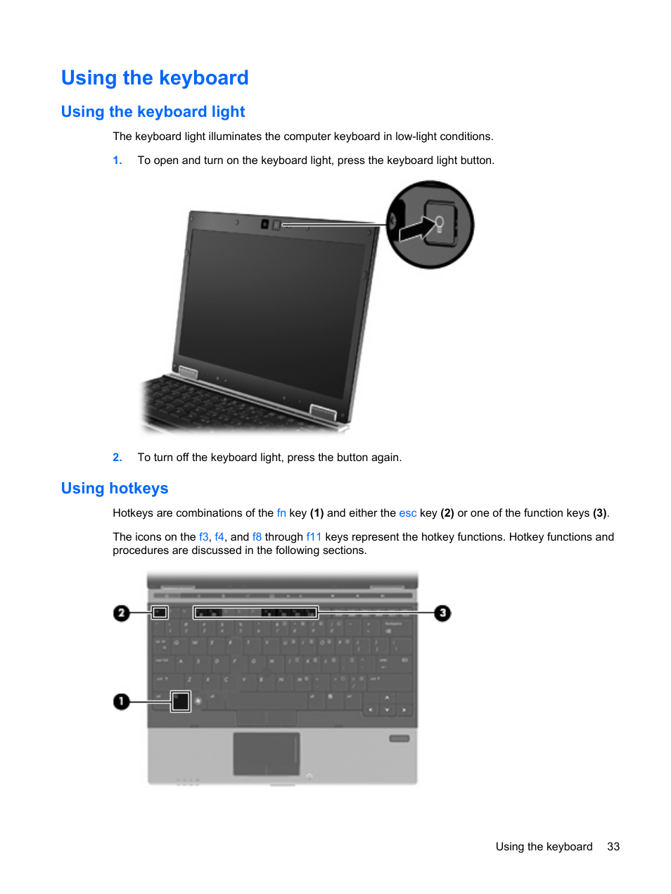 Using the keyboard, Using the keyboard light, Using hotkeys | HP EliteBook  2540p Notebook PC User Manual | Page 45 / 175