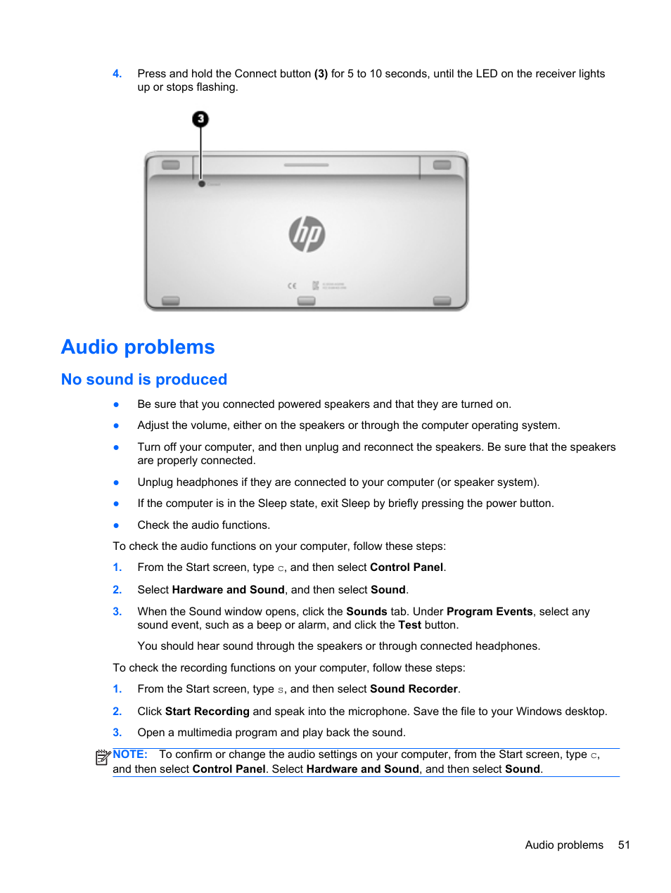 Audio problems, No sound is produced | HP ENVY Rove 20-k121us Mobile  All-in-One Desktop PC User Manual | Page 59 / 65