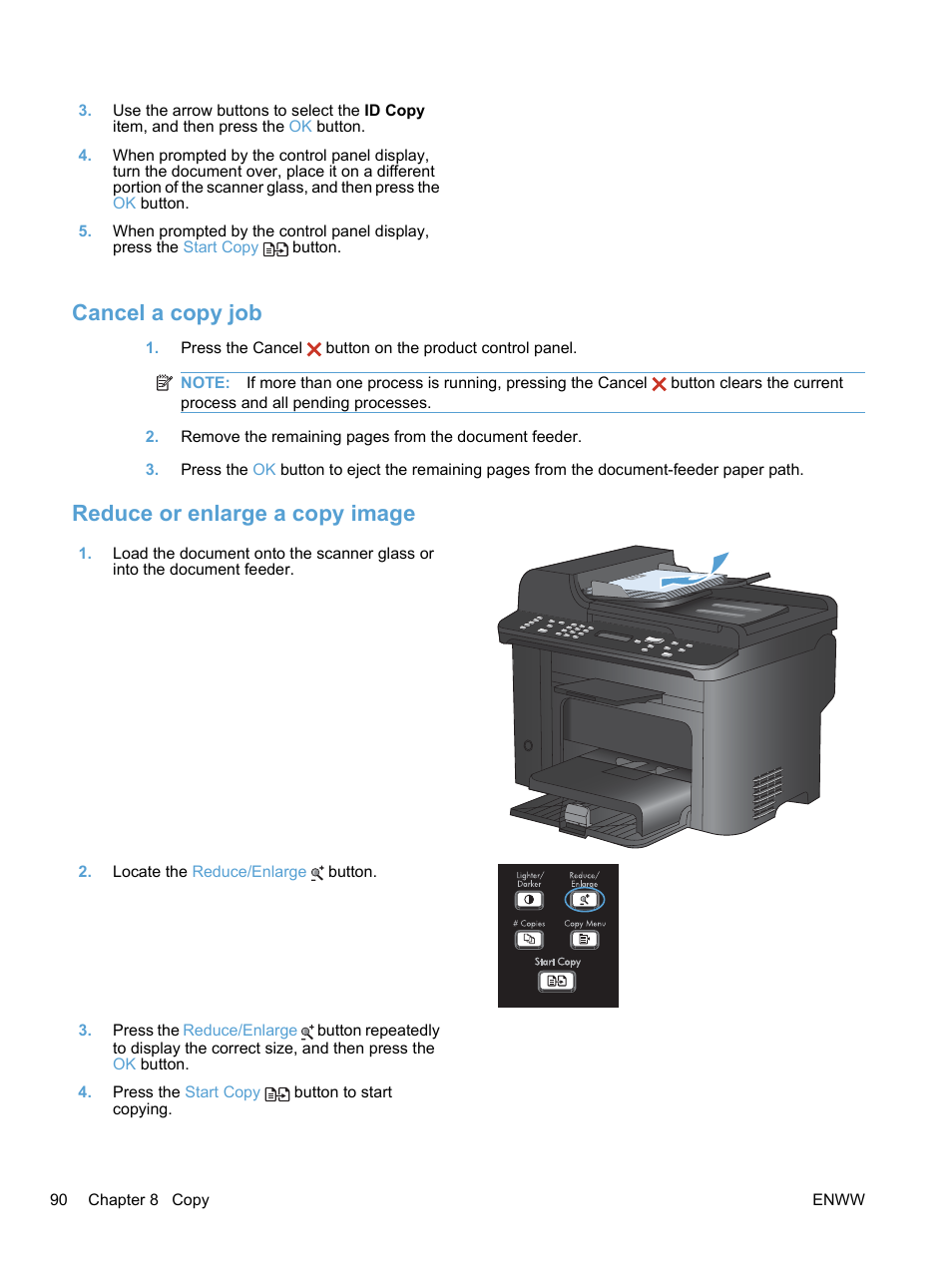 Cancel a copy job, Reduce or enlarge a copy image, Cancel a copy job reduce  or enlarge a copy image | HP LaserJet Pro M1536dnf MFP SERIES User Manual |  Page 104 / 286
