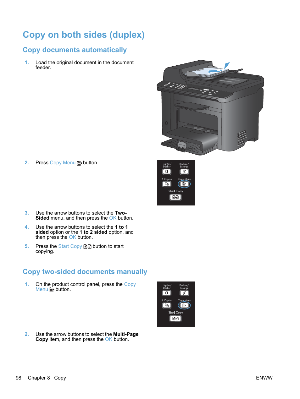 Copy on both sides (duplex), Copy documents automatically, Copy two-sided  documents manually | HP LaserJet Pro M1536dnf MFP SERIES User Manual | Page  112 / 286