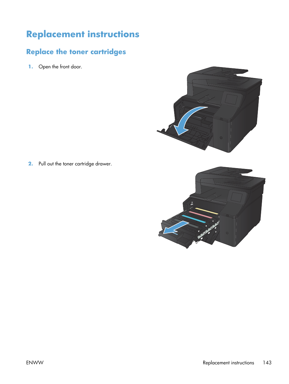 Replacement instructions, Replace the toner cartridges | HP LaserJet Pro  200 color MFP M276nw User Manual | Page 159 / 238