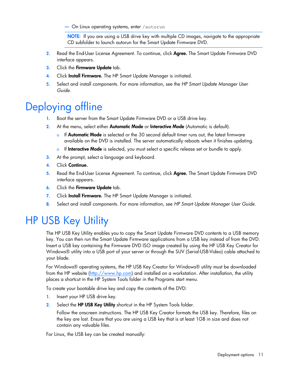 Deploying offline, Hp usb key utility, Deploying offline hp usb key utility  | HP SmartStart-Software User Manual | Page 11 / 51