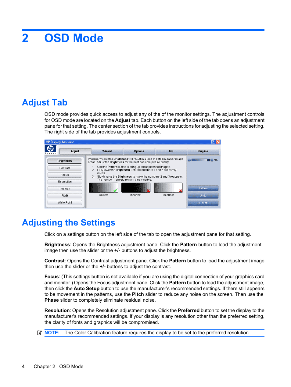 Osd mode, Adjust tab, Adjusting the settings | HP L2208w 22-inch Widescreen  LCD Monitor User Manual | Page 8 / 24 | Original mode