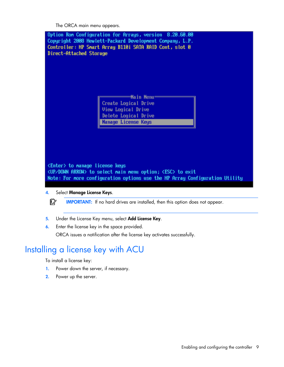 Installing a license key with acu | HP Smart Array B110i SATA RAID- Controller User Manual | Page 9 / 27