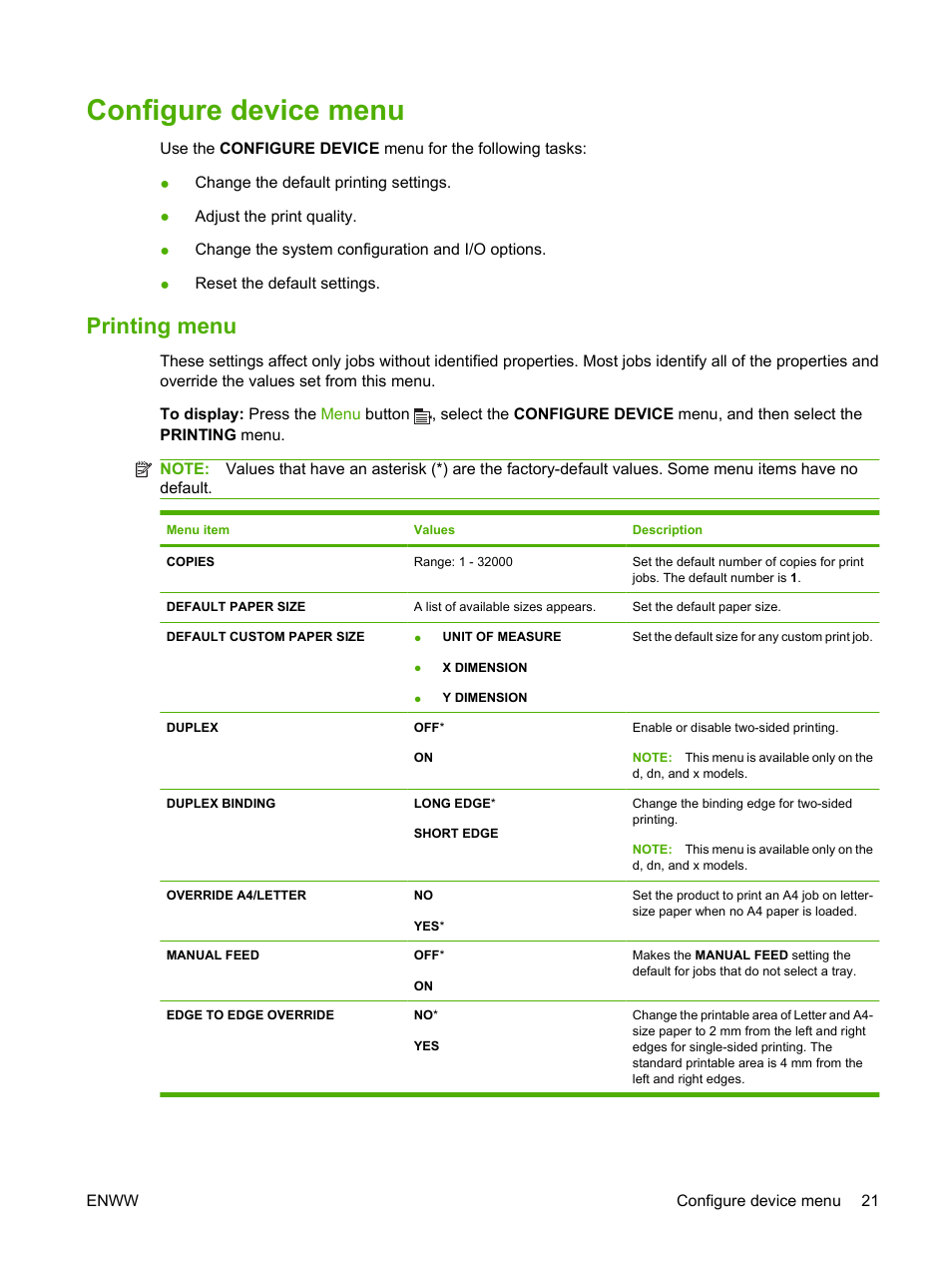 Configure device menu, Printing menu | HP Laserjet p3015 User Manual | Page  33 / 246 | Original mode