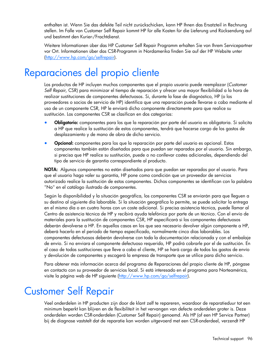 Reparaciones del propio cliente, Customer self repair | HP ProLiant DL320  G5p Server User Manual | Page 96 / 106 | Original mode