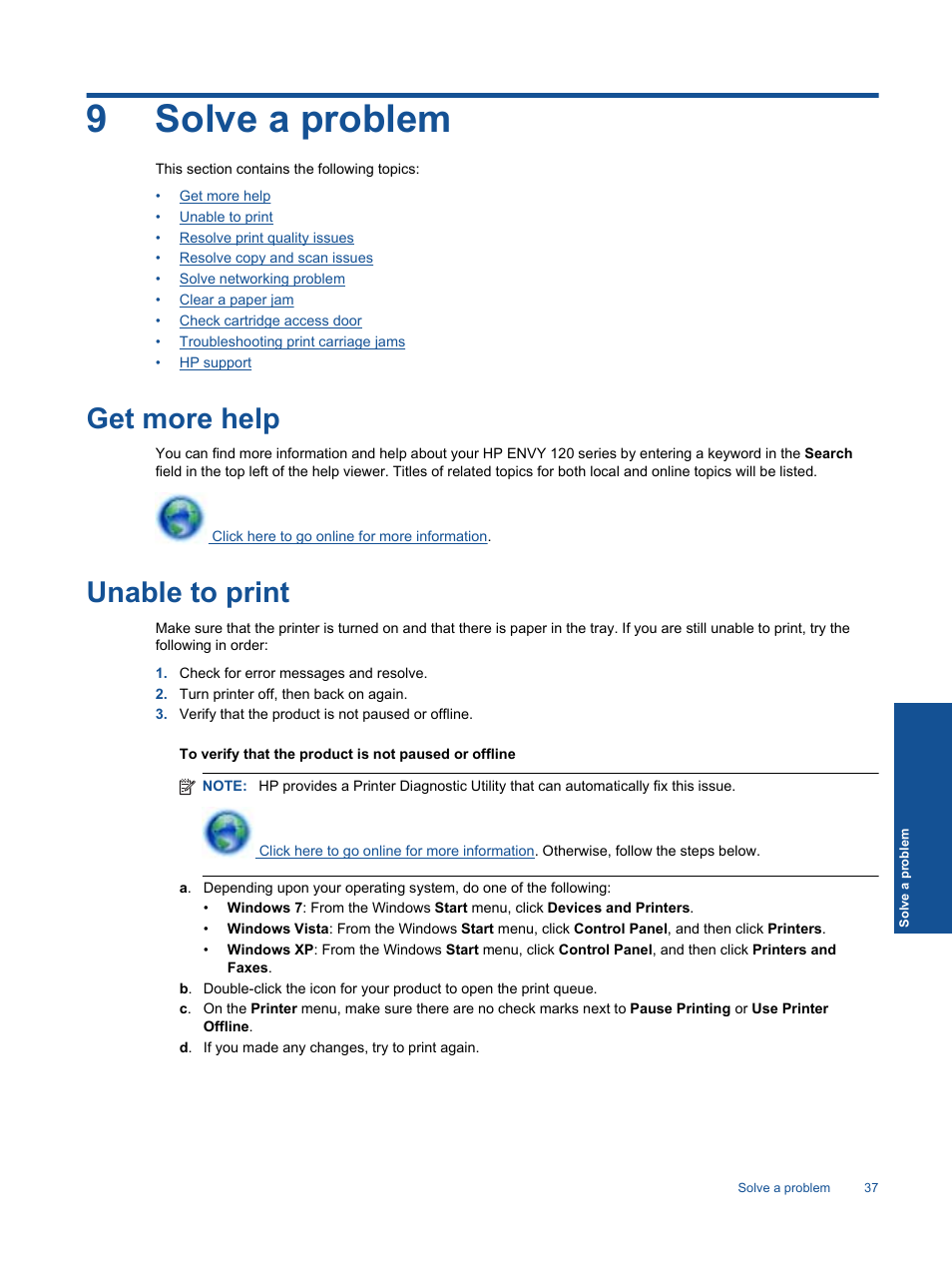 Solve a problem, Get more help, Unable to print | HP ENVY 120 e-All-in-One  Printer User Manual | Page 39 / 62