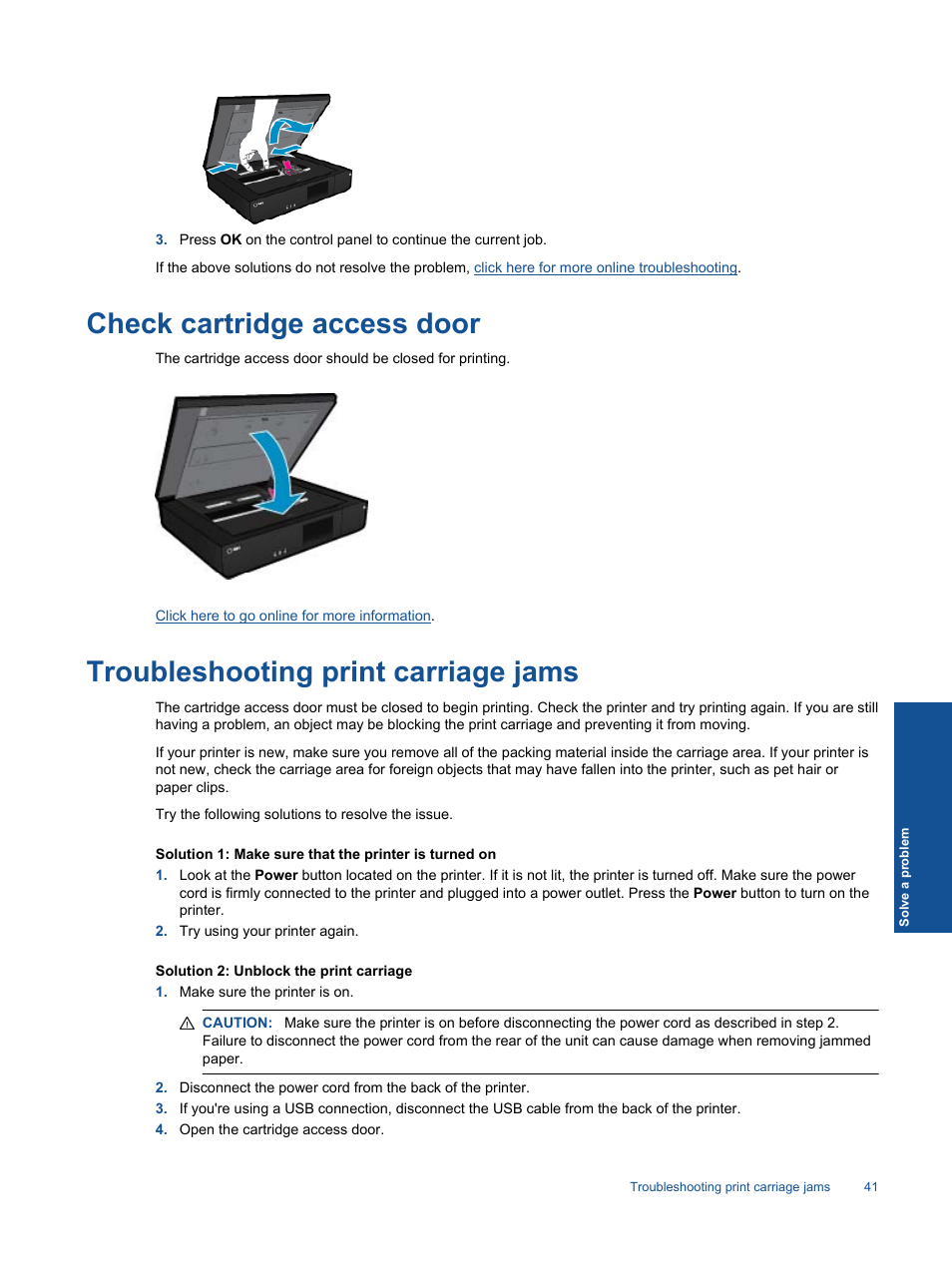 Check cartridge access door, Troubleshooting print carriage jams | HP ENVY  120 e-All-in-One Printer User Manual | Page 43 / 62