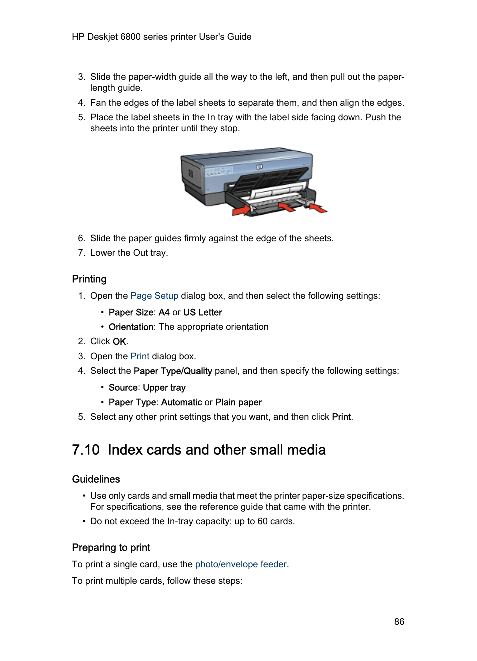 Printing, 10 index cards and other small media, Guidelines | HP Deskjet 6840  Color Inkjet Printer User Manual | Page 86 / 176