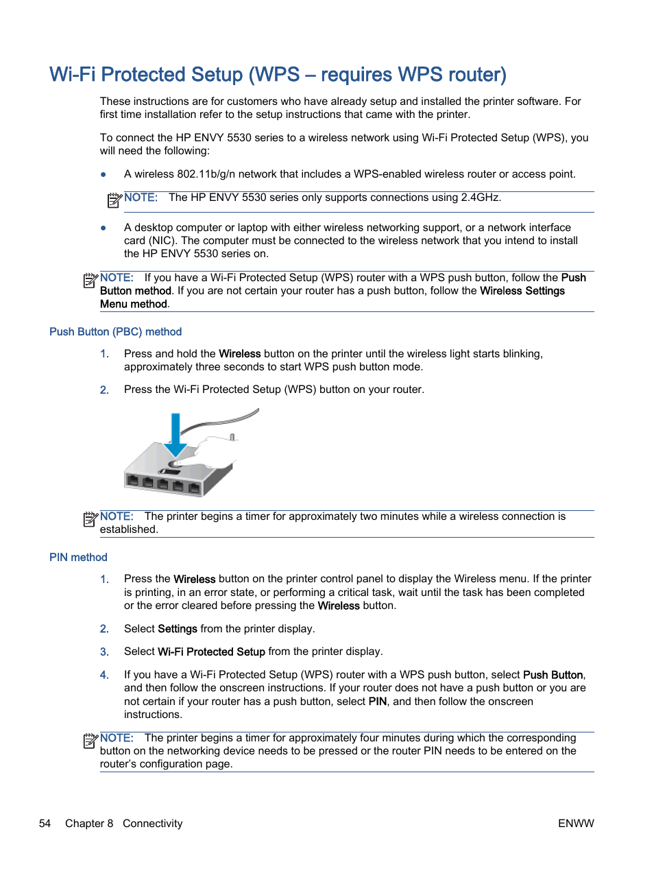 Wi-fi protected setup (wps – requires wps router) | HP ENVY 5530  e-All-in-One Printer User Manual | Page 58 / 108 | Original mode
