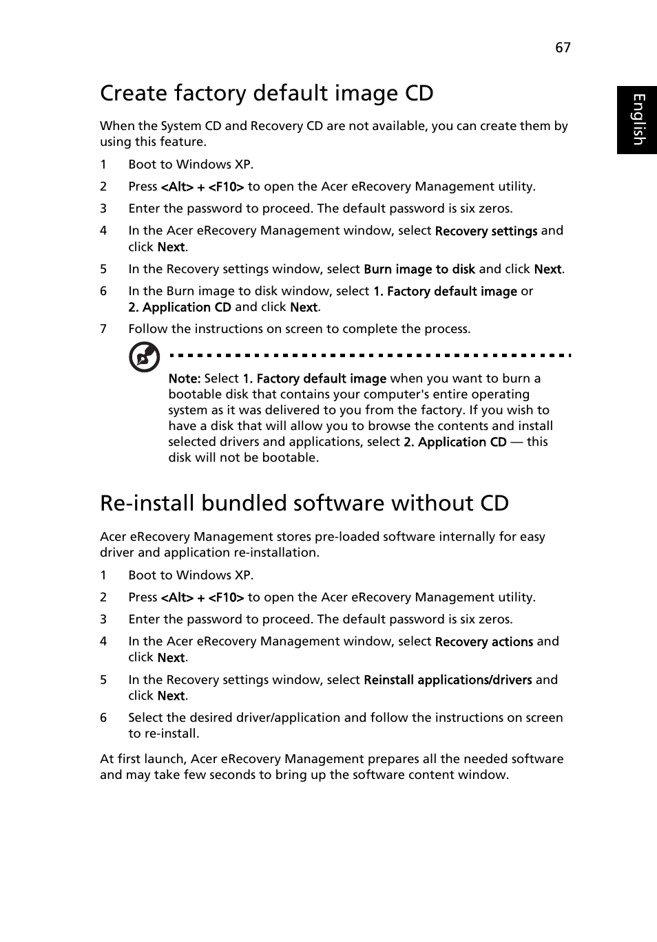 Create factory default image cd, Re-install bundled software without cd |  Acer TravelMate MS2180 User Manual | Page 81 / 98