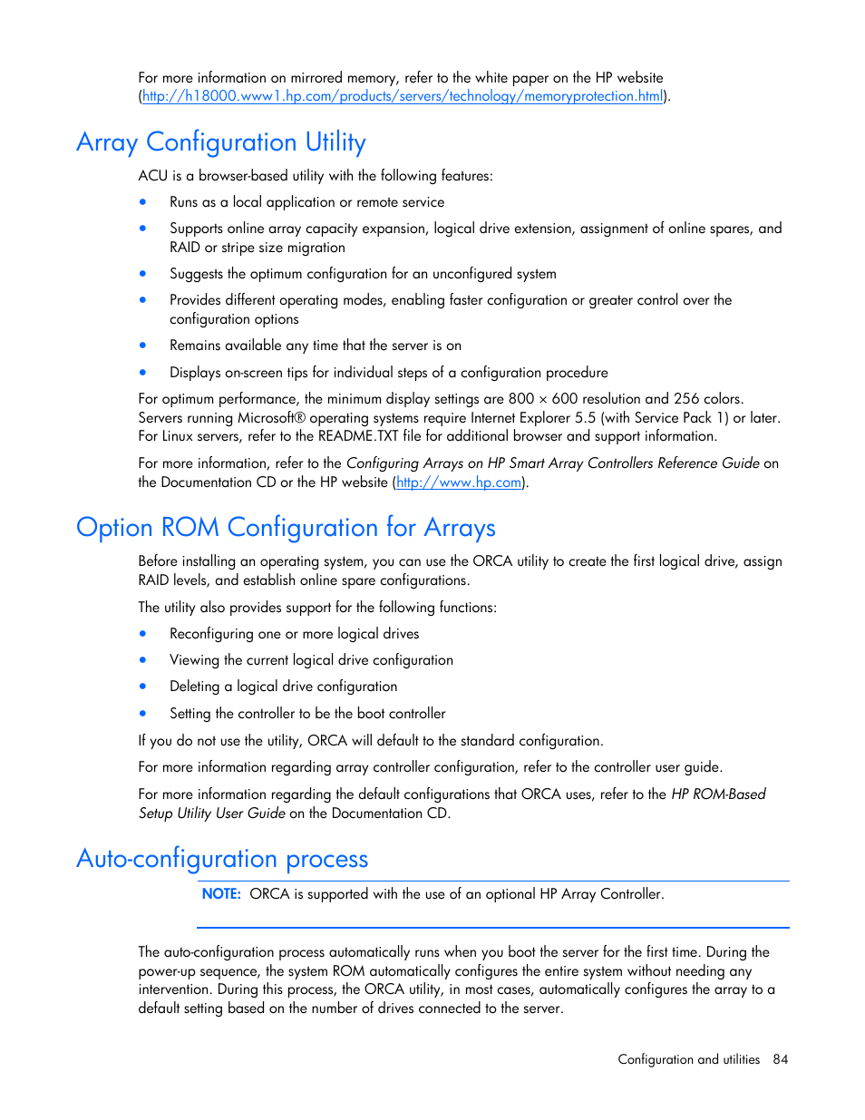 Array configuration utility, Option rom configuration for arrays,  Auto-configuration process | HP ProLiant ML370 G5 Server User Manual | Page  84 / 135 | Original mode