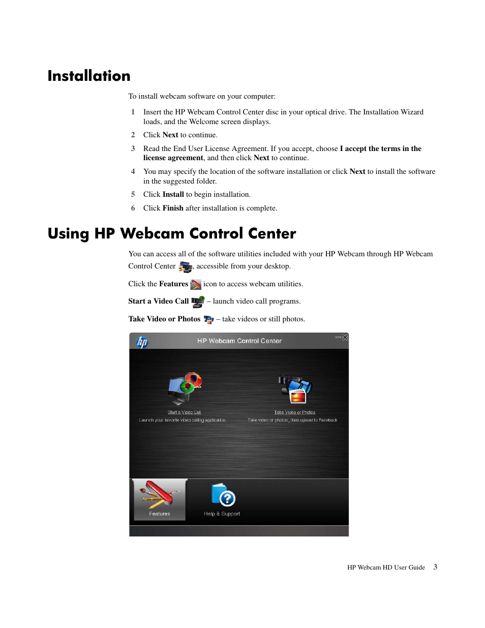 Installation, Using hp webcam control center | HP HD 2300 Webcam User  Manual | Page 7 / 12