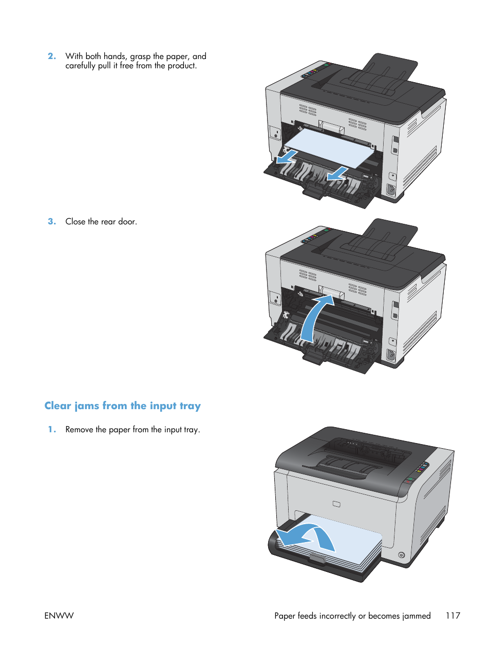 Clear jams from the input tray | HP LaserJet Pro CP1025nw Color Printer  User Manual | Page 129 / 186