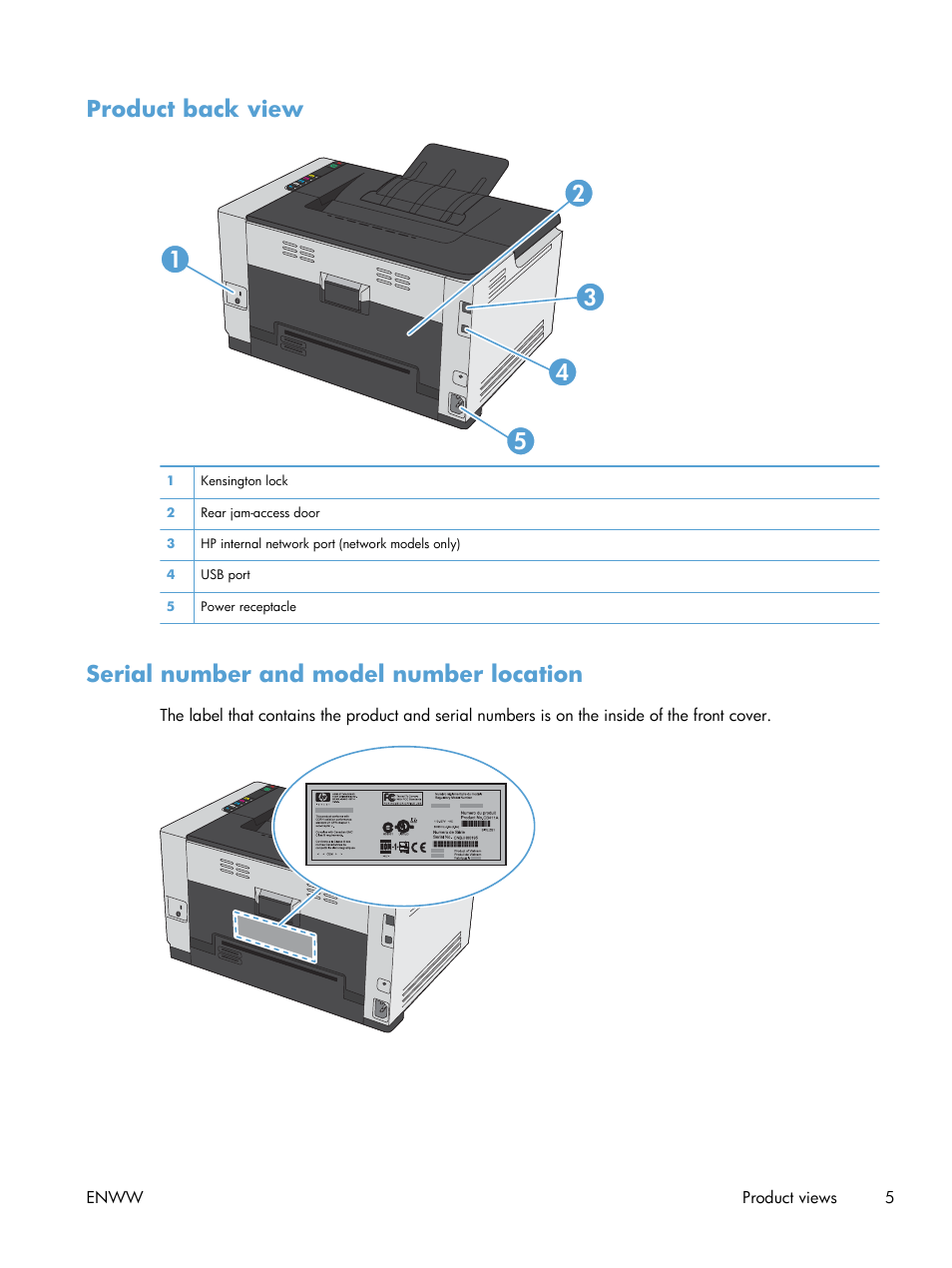 Product back view, Serial number and model number location | HP LaserJet  Pro CP1025nw Color Printer User Manual | Page 17 / 186
