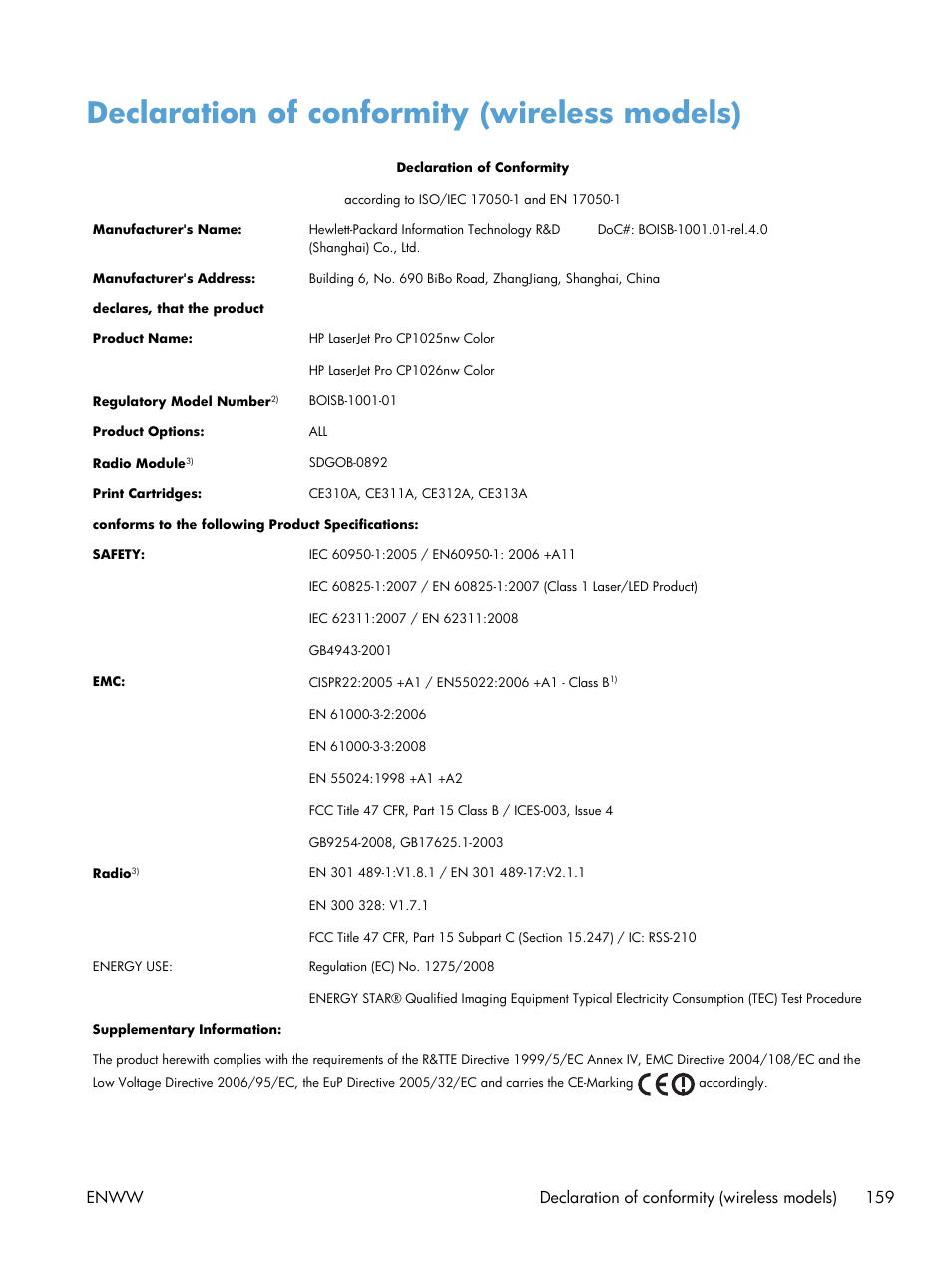 Declaration of conformity (wireless models) | HP LaserJet Pro CP1025nw  Color Printer User Manual | Page 171 / 186 | Original mode