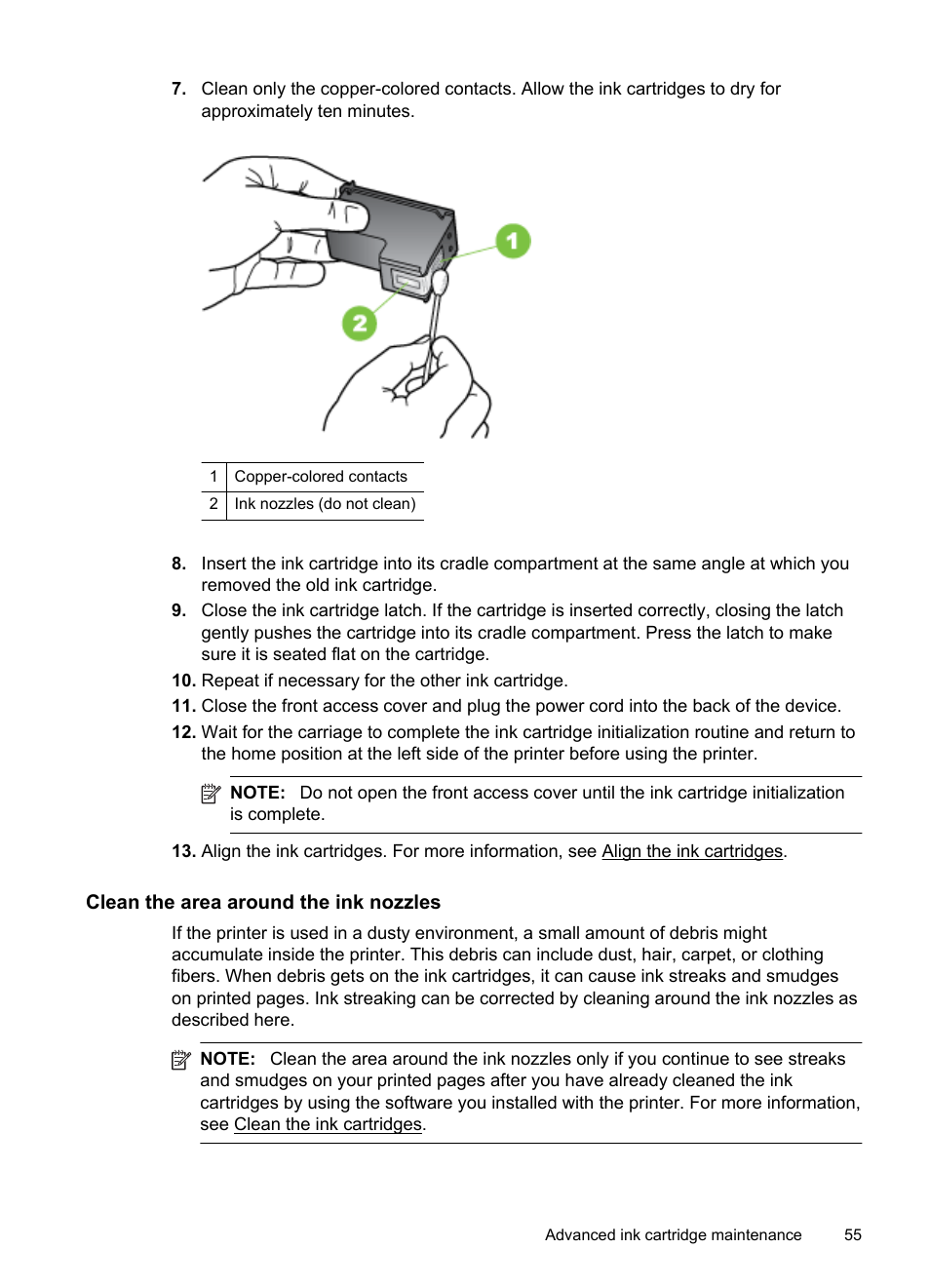 Clean the area around the ink nozzles | HP Officejet 100 Mobile Printer - L411a  User Manual | Page 59 / 116 | Original mode