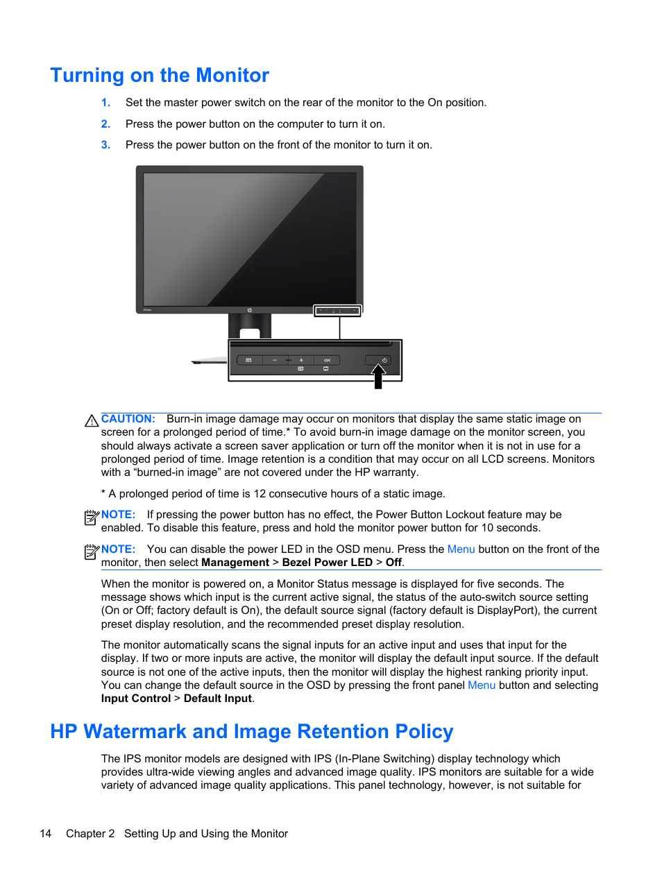 Turning on the monitor, Hp watermark and image retention policy | HP Z  Display Z27i 27-inch IPS LED Backlit Monitor User Manual | Page 20 / 38