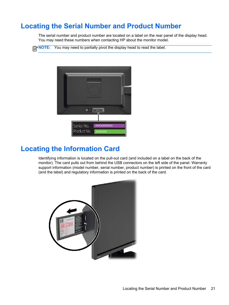 Locating the serial number and product number, Locating the information  card | HP Z Display Z27i 27-inch IPS LED Backlit Monitor User Manual | Page  27 / 38
