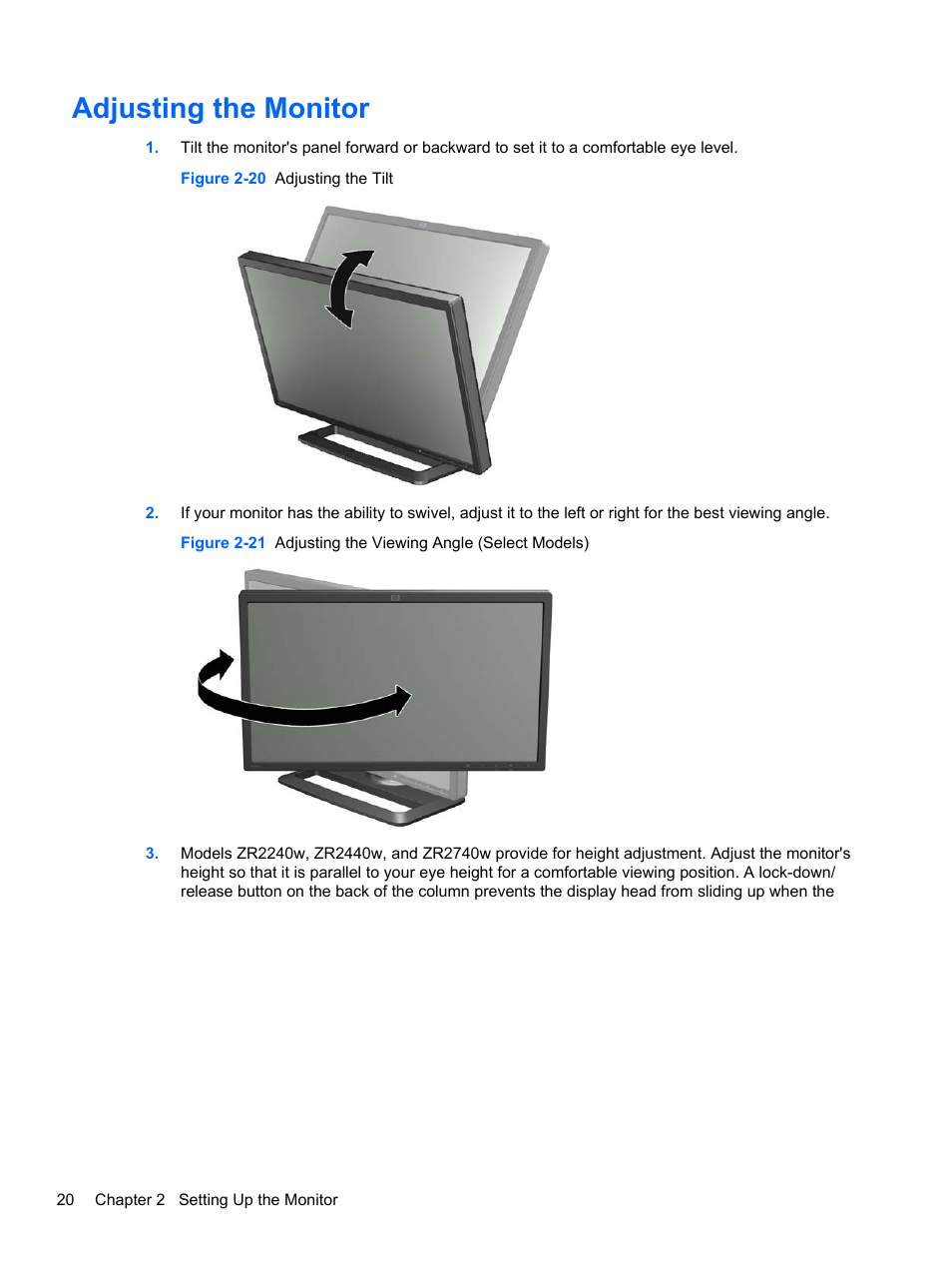 Adjusting the monitor | HP ZR2740w 27-inch LED Backlit IPS Monitor User  Manual | Page 26 / 42