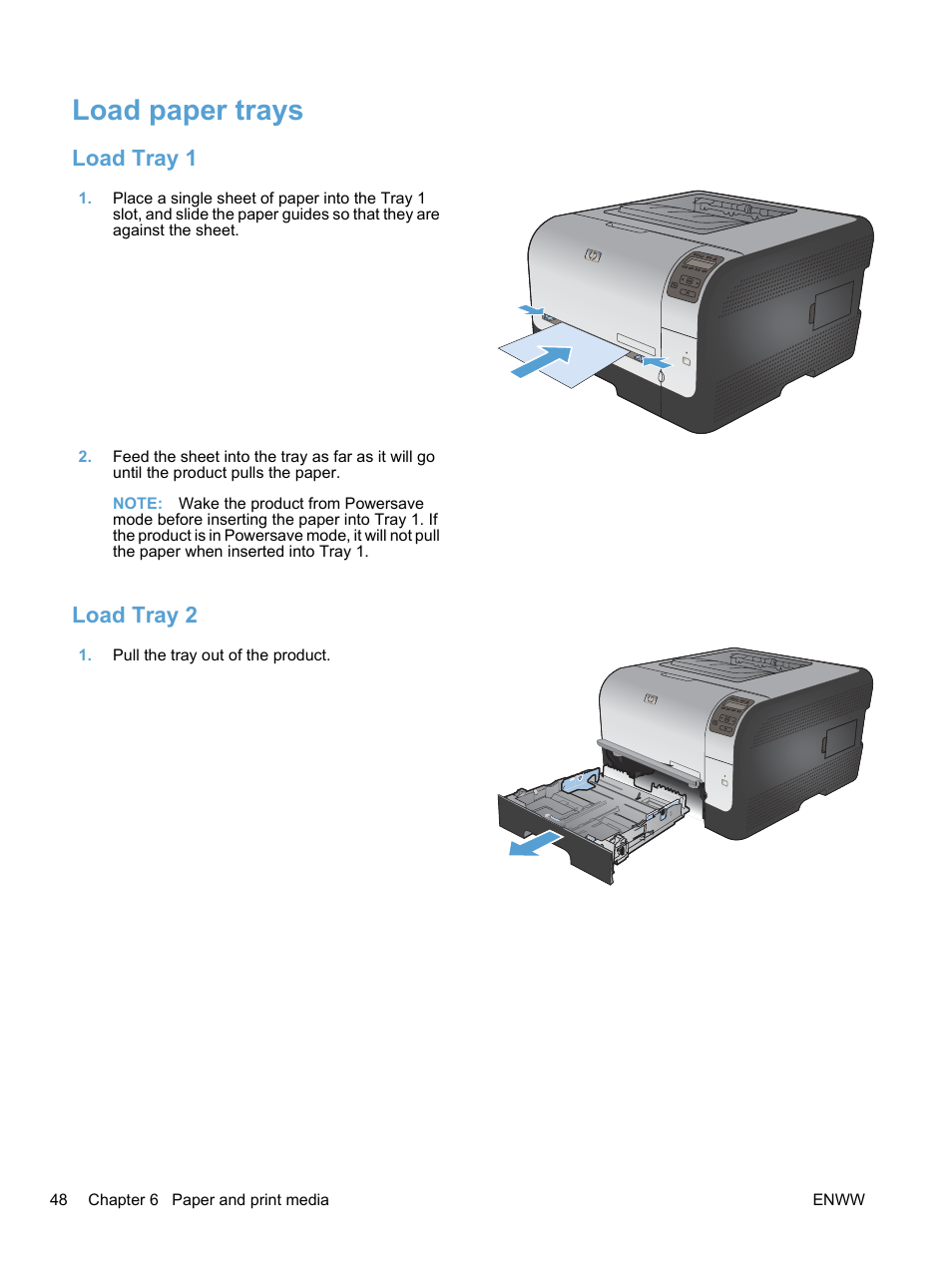 Load paper trays, Load tray 1, Load tray 2 | HP LaserJet Pro CP1525nw Color  Printer User Manual | Page 62 / 202