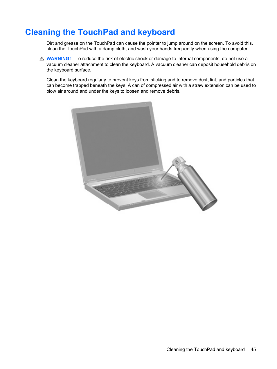 Cleaning the touchpad and keyboard | HP EliteBook 8540w Mobile Workstation  User Manual | Page 57 / 187