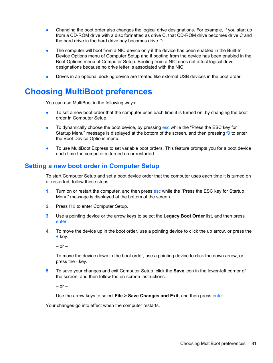 Choosing multiboot preferences, Setting a new boot order in computer setup  | HP EliteBook 2570p Notebook PC User Manual | Page 91 / 106