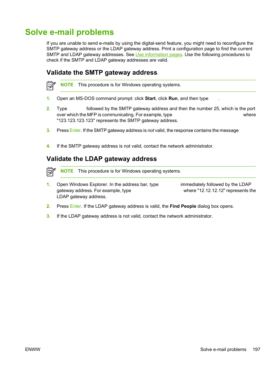 Solve e‑mail problems, Validate the smtp gateway address, Validate the ldap  gateway address | HP LaserJet M3027 Multifunction Printer series User  Manual | Page 209 / 268