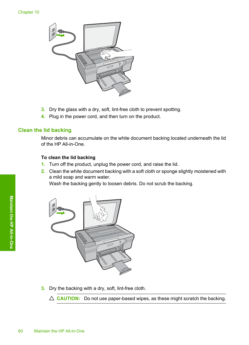 Clean the lid backing | HP Deskjet F4210 All-in-One Printer User Manual |  Page 62 / 220