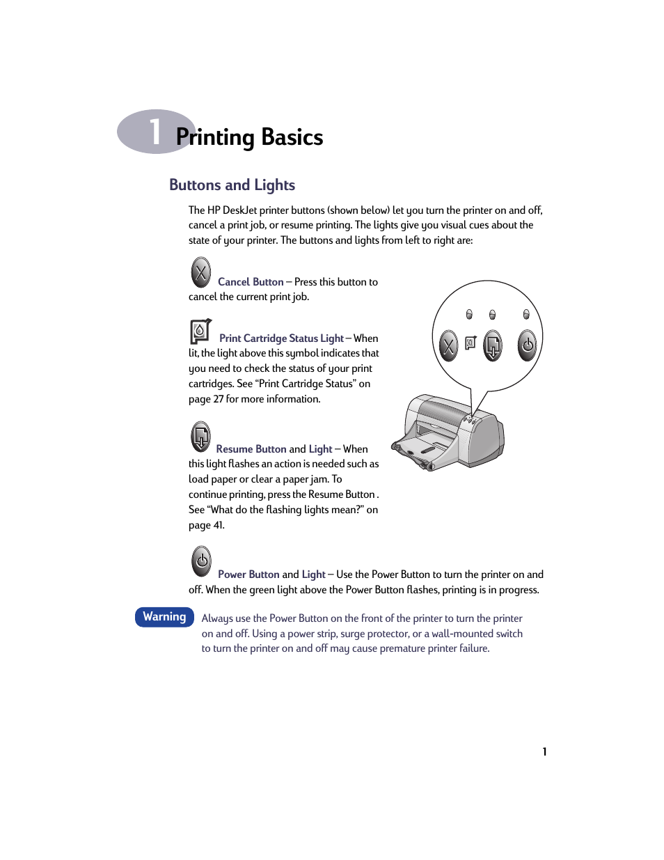 Printing basics, Buttons and lights, Chapter 1 printing basics | HP Deskjet  950c Printer User Manual | Page 8 / 73