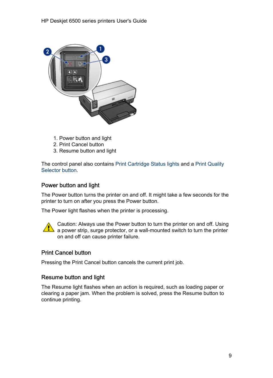 Power button and light, Print cancel button, Resume button and light | HP  Deskjet 6540 Color Inkjet Printer User Manual | Page 9 / 195