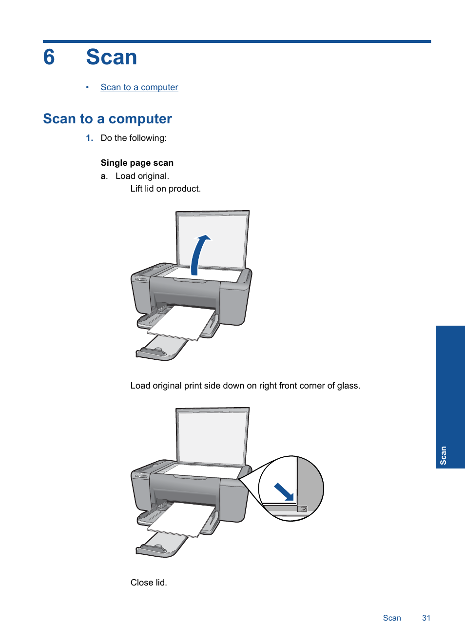 Scan, Scan to a computer, 6 scan | HP Deskjet F4580 All-in-One Printer User  Manual | Page 34 / 77