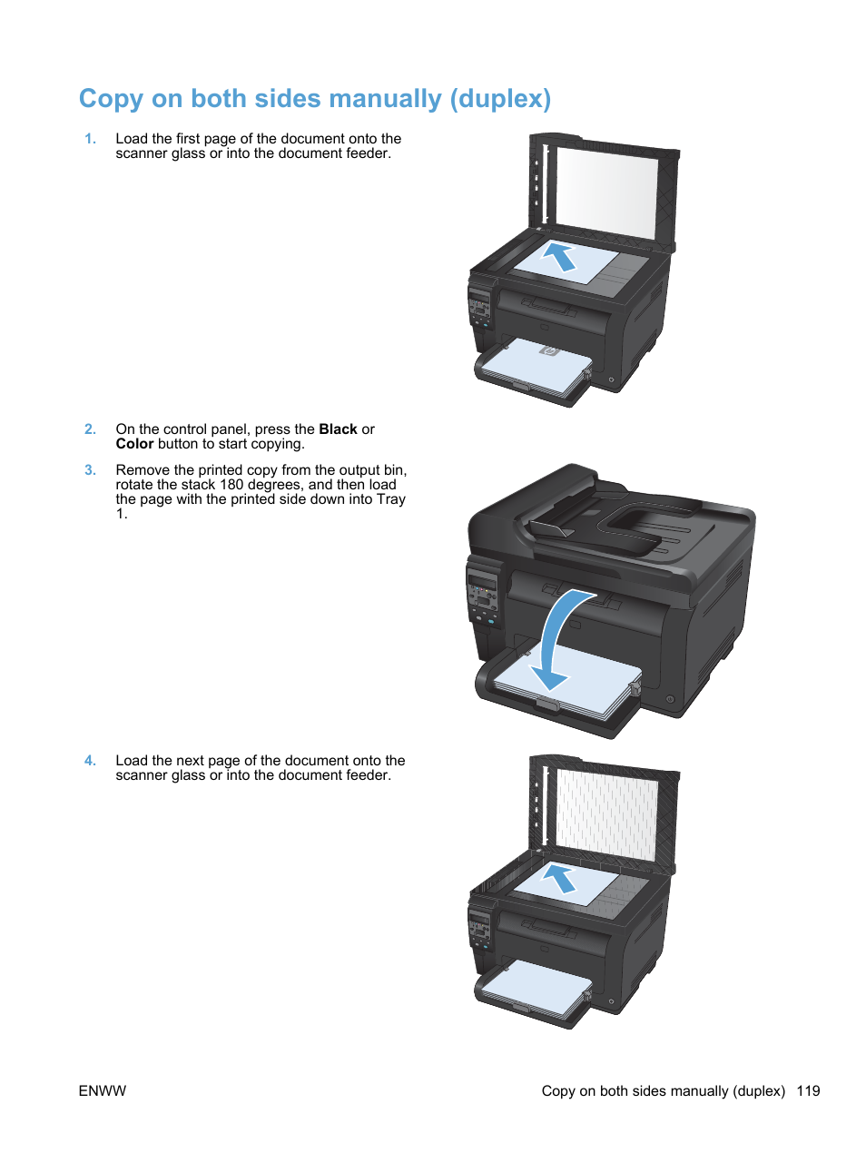 Copy on both sides manually (duplex) | HP LaserJet Pro 100 color MFP M175nw  User Manual | Page 133 / 220