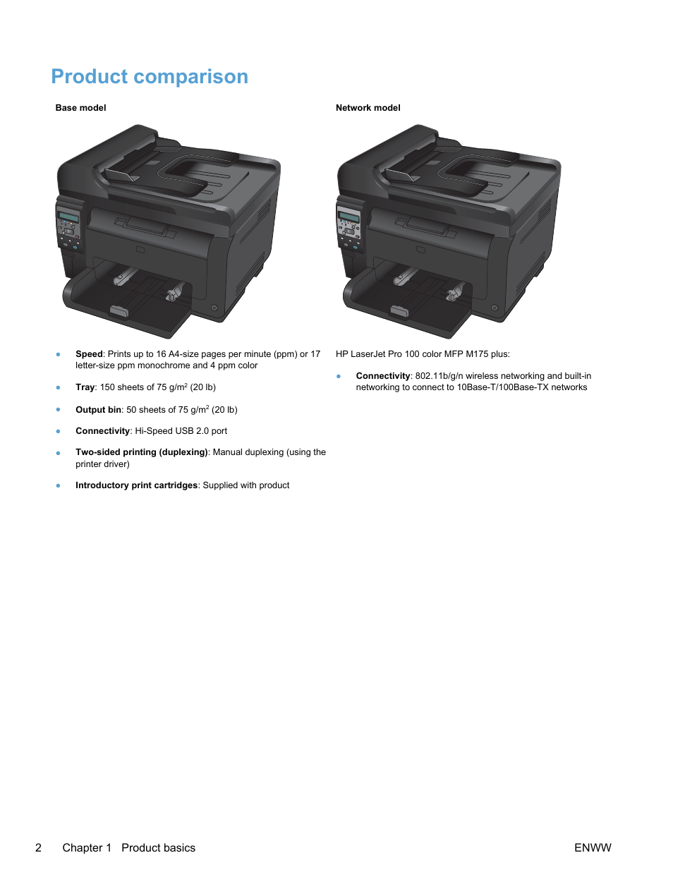 Product comparison | HP LaserJet Pro 100 color MFP M175nw User Manual |  Page 16 / 220