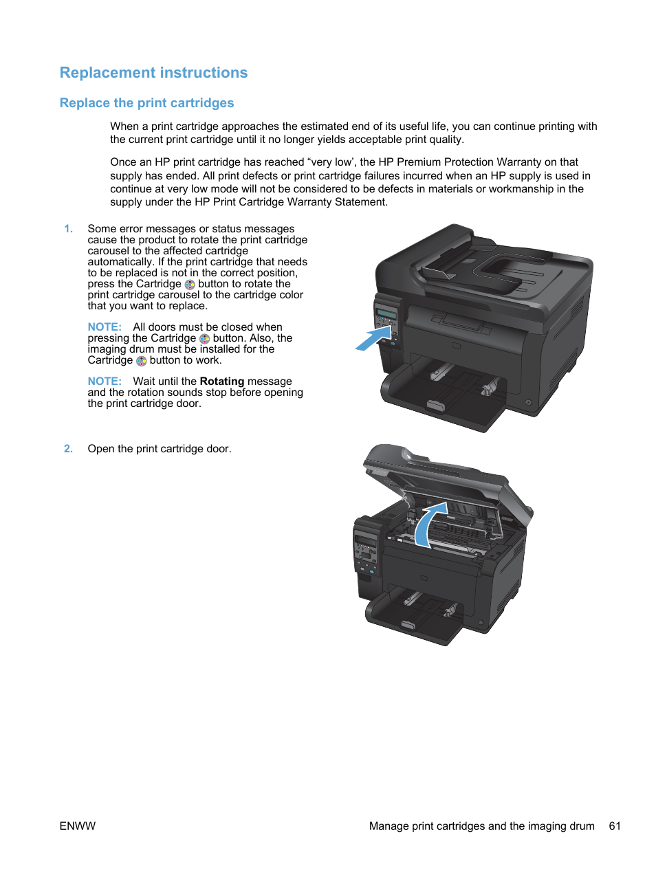Replacement instructions, Replace the print cartridges | HP LaserJet Pro 100  color MFP M175nw User Manual | Page 75 / 220