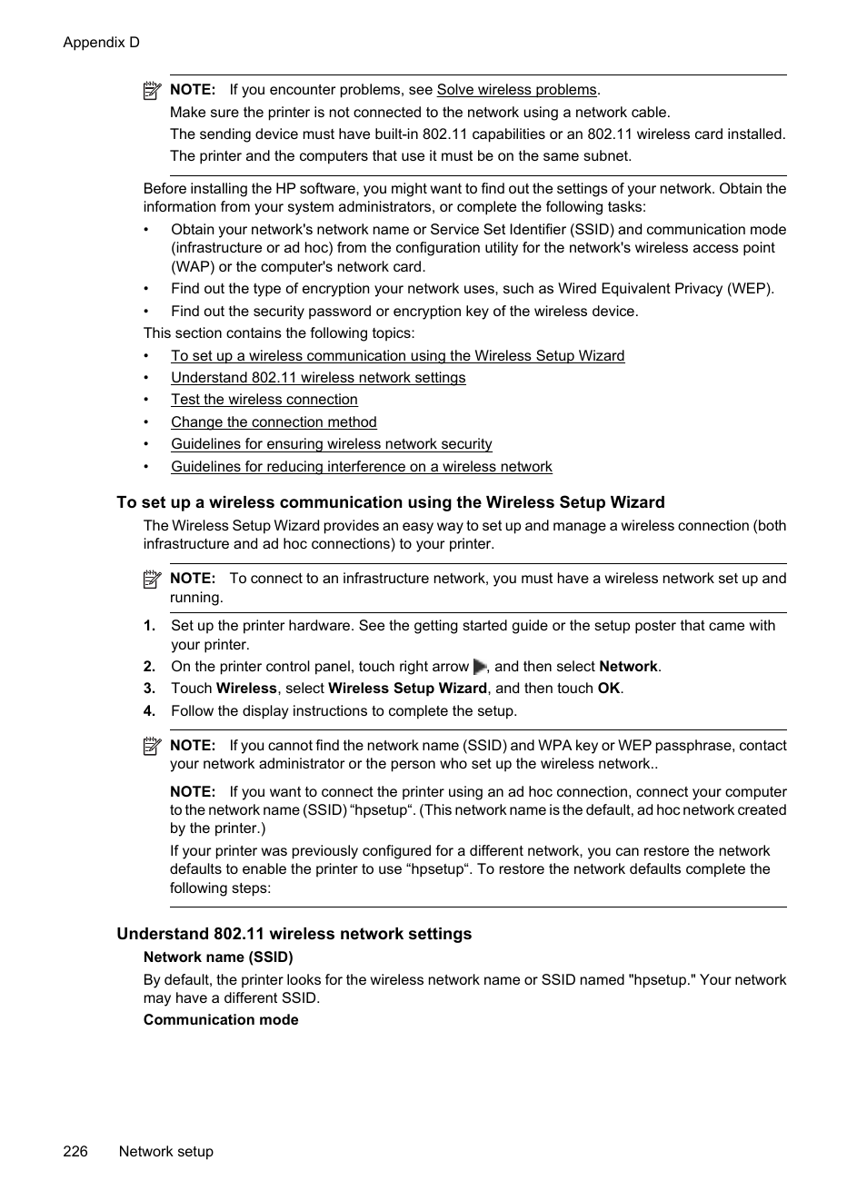 Understand 802.11 wireless network settings | HP Officejet 7500A Wide Format  e-All-in-One Printer - E910a User Manual | Page 230 / 252 | Original mode