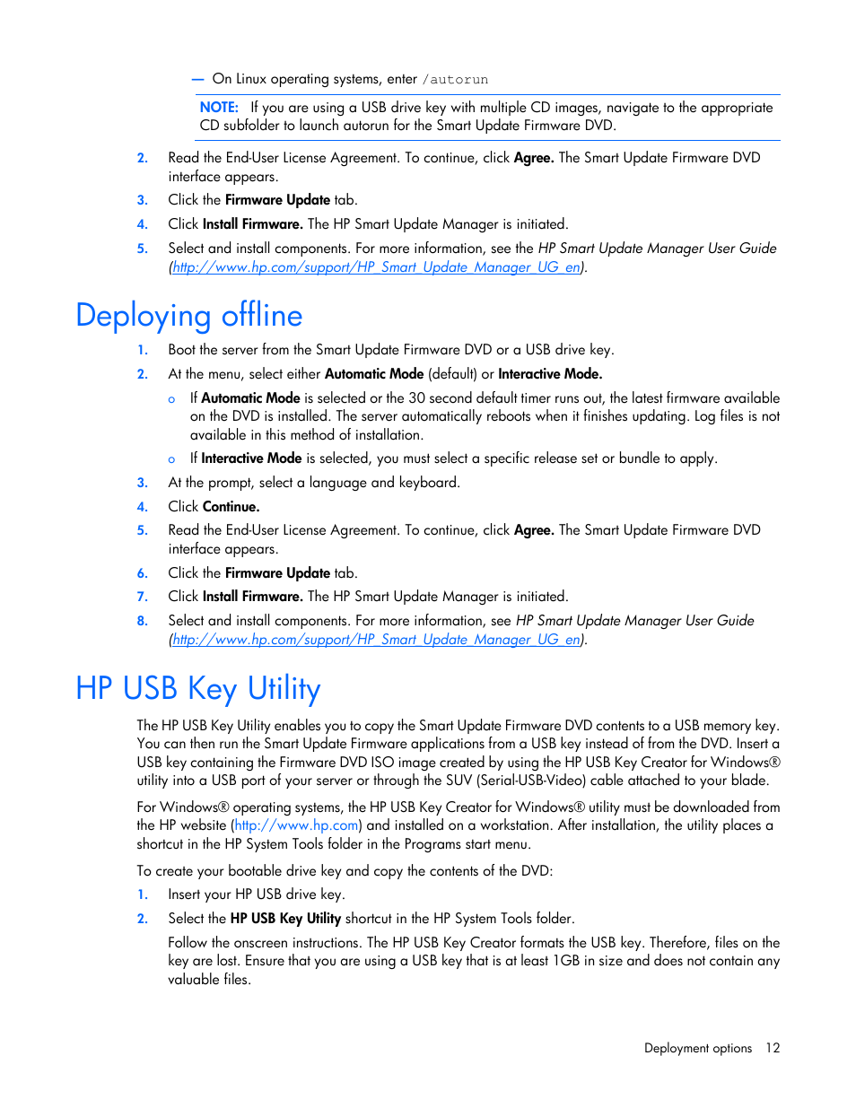 Deploying offline, Hp usb key utility | HP SmartStart-Software User Manual  | Page 12 / 59