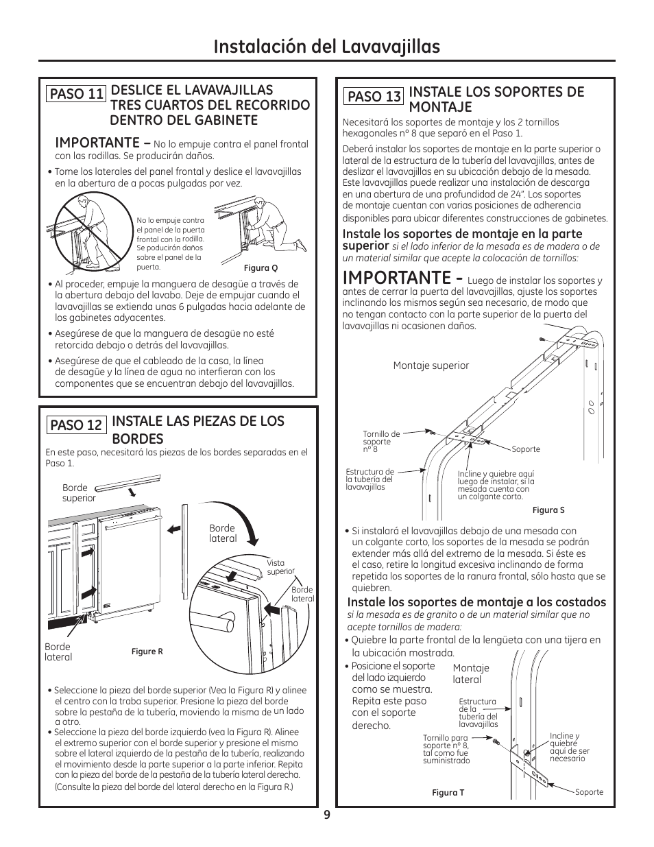 Importante, Instalación del lavavajillas, Paso 13 instale los soportes de  montaje | GE ZDT800SSFSS User Manual | Page 41 / 48 | Original mode
