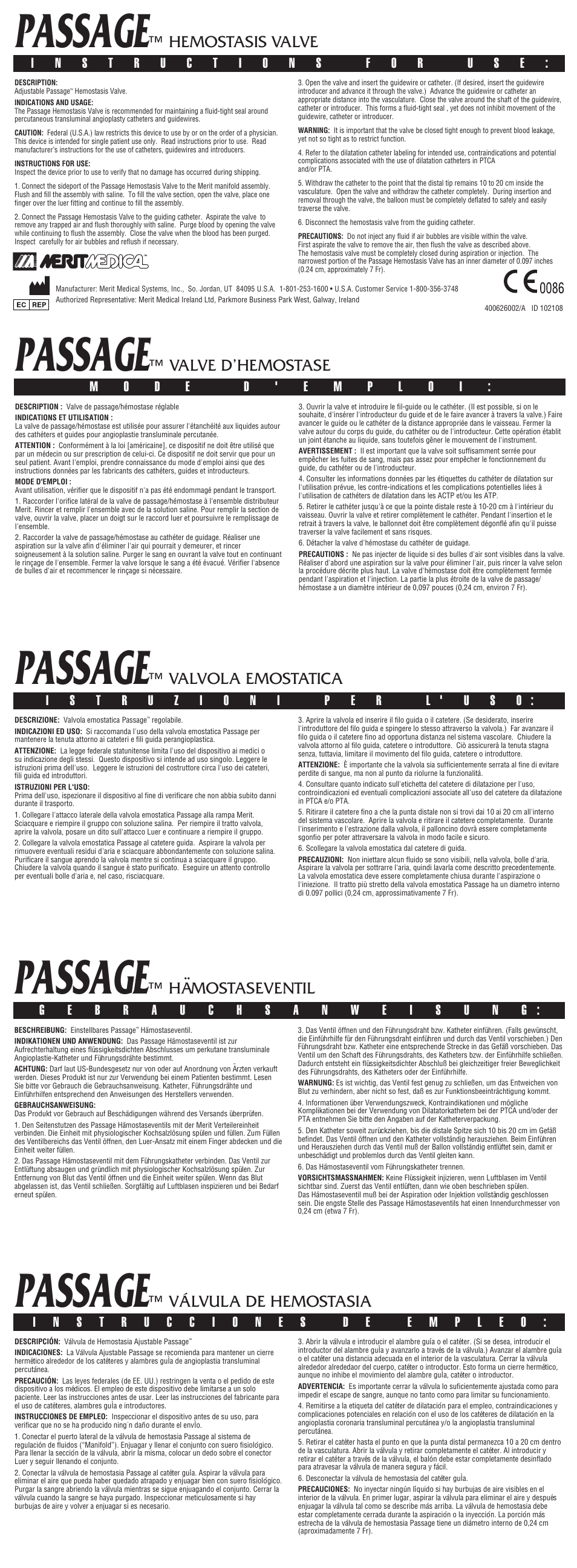 Merit Medical Passage Hemostasis Valve User Manual | 2 pages