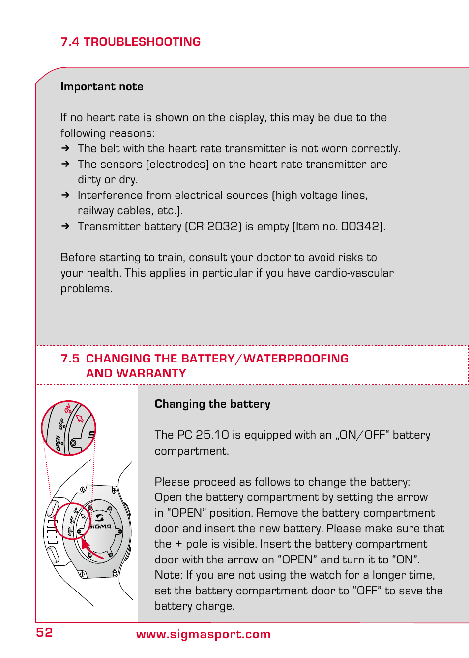 5 changing the battery/waterproofing and warranty | SIGMA PC 25.10 User  Manual | Page 26 / 29