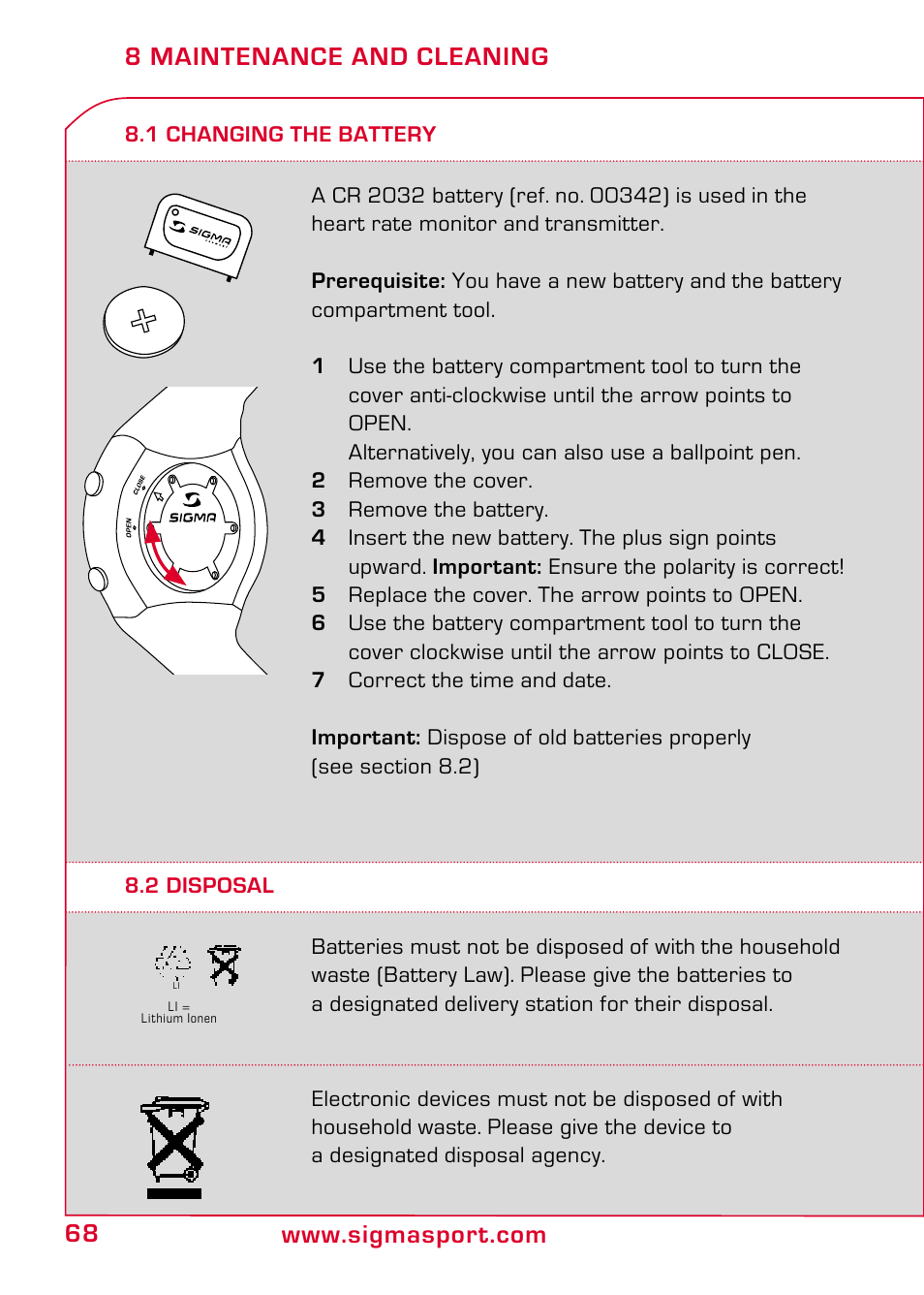 8 maintenance and cleaning, 1 changing the battery, 2 disposal | SIGMA PC  15.11 User Manual | Page 34 / 36