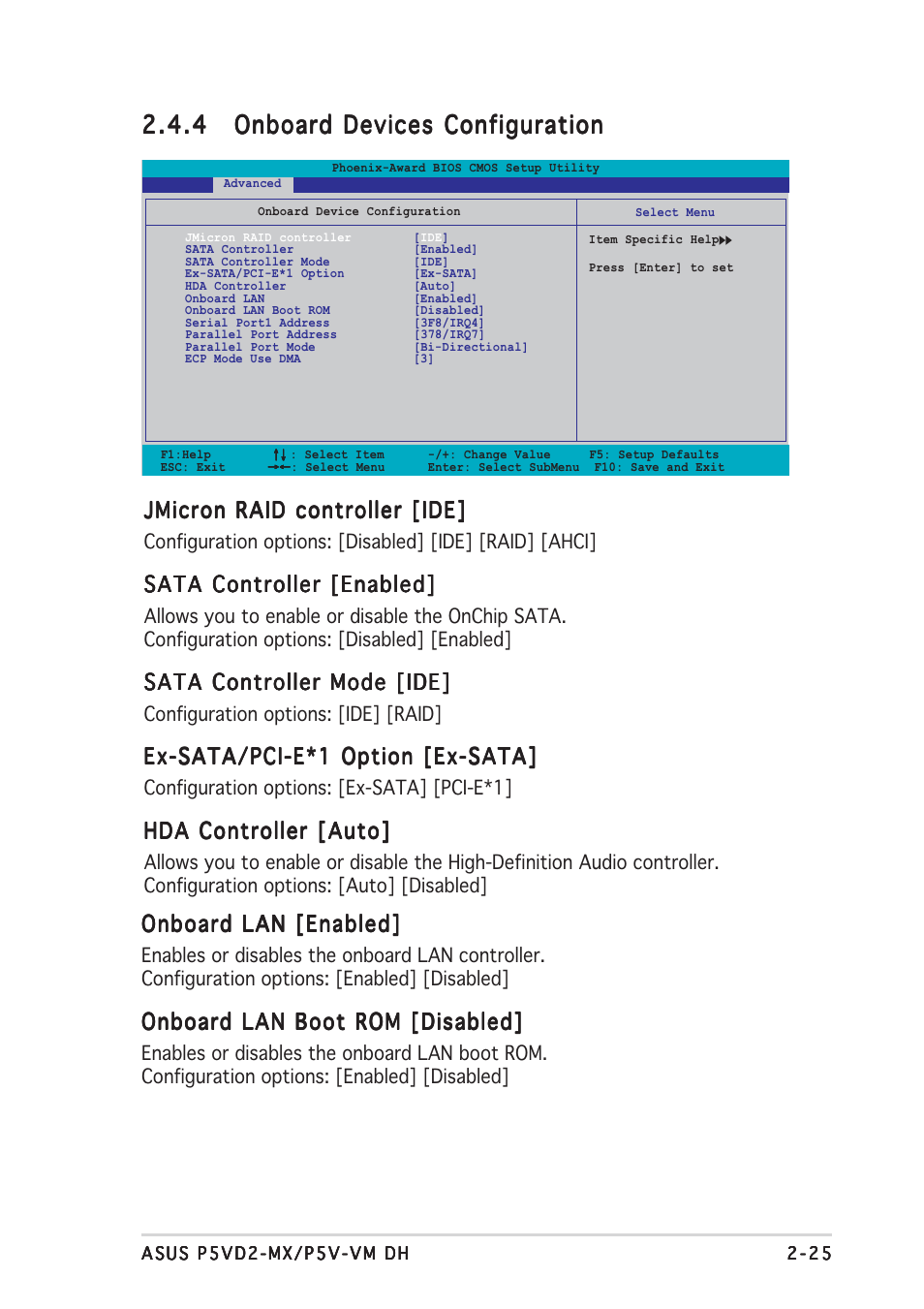 Jmicron raid controller [ide, Sata controller [enabled, Sata controller  mode [ide | Asus Motherboard P5VD2-MX User Manual | Page 73 / 108 |  Original mode