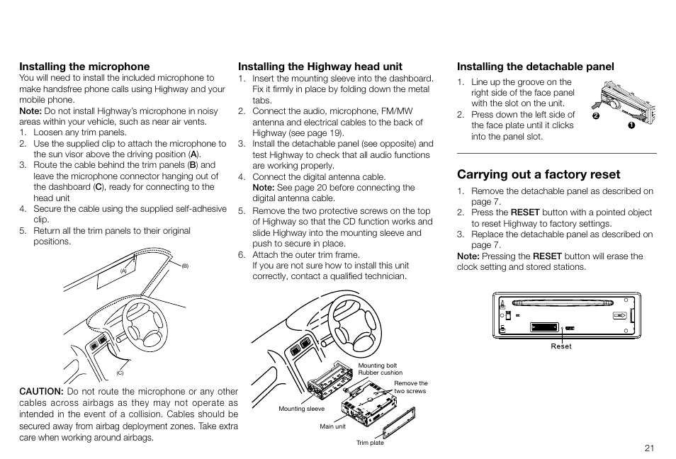 Carrying out a factory reset, Installing the detachable panel, Installing  the highway head unit | Pure Highway H260DBi User Manual | Page 21 / 28 |  Original mode