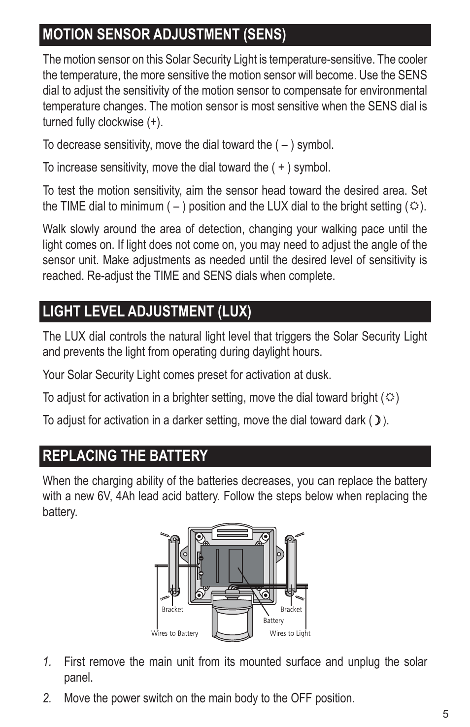 Motion sensor adjustment (sens), Light level adjustment (lux), Replacing  the battery | Maxsa Innovations Solar-Powered 50 LED Motion-Activated  Outdoor Security Floodlight User Manual | Page 5 / 8