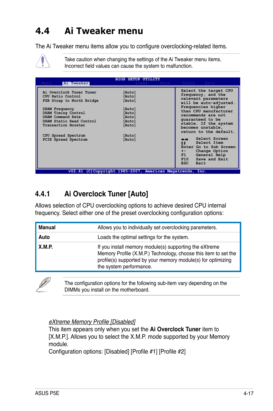 4 Ai Tweaker Menu 1 Ai Overclock Tuner Auto Asus P5e User Manual Page 176